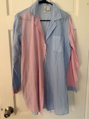 Cynthia Rowley Pink & Blue Striped Longline Button-Down Shirt